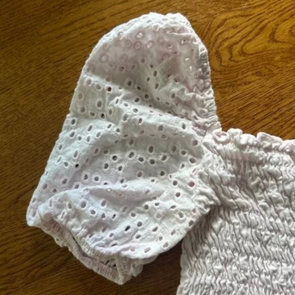 Miss Selfridge Women Pink Top Smocked Eyelet Puff Sleeve Shirt Peasant Crop 2 - Picture 3 of 3